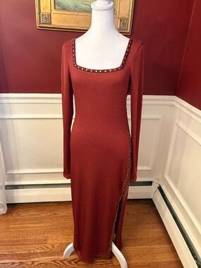 Free People Terracotta Ribbed Long-Sleeve Simone Maxi Dress